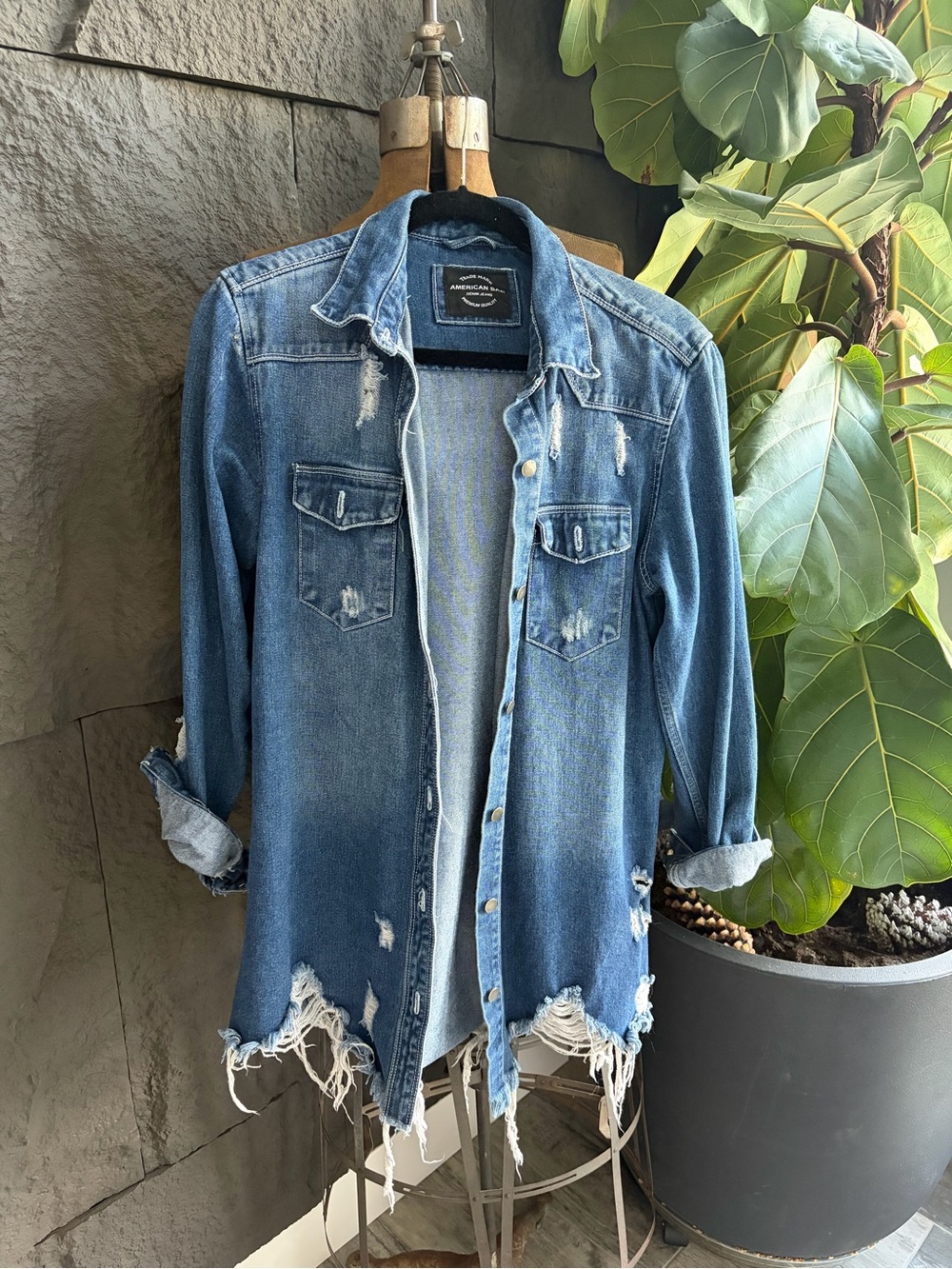 American Bazi Distressed Blue Denim Shacket